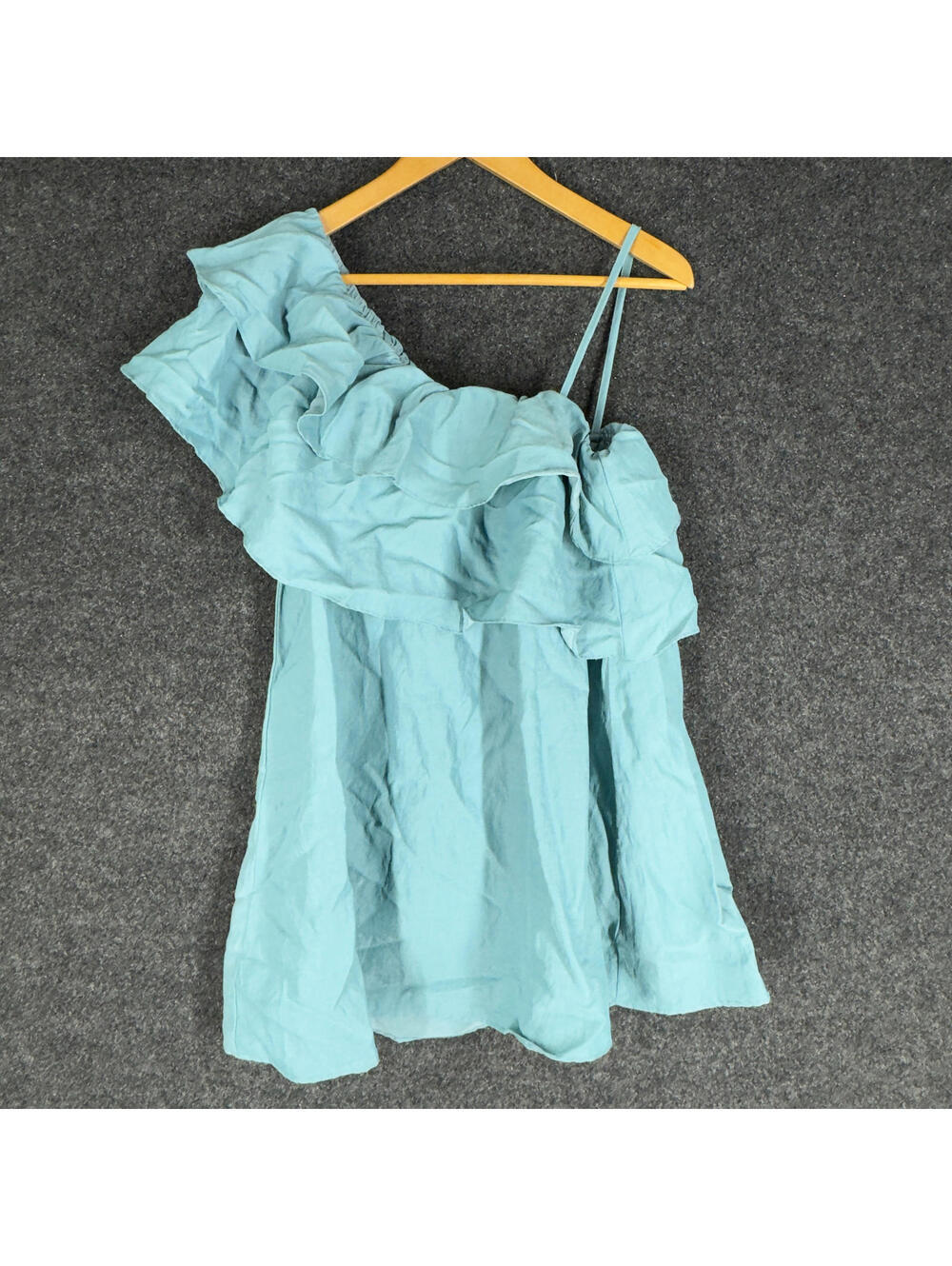 Glam Mini Dress Women L Large Blue Short One Shoulder Short Sleeve Rayon Ruffle